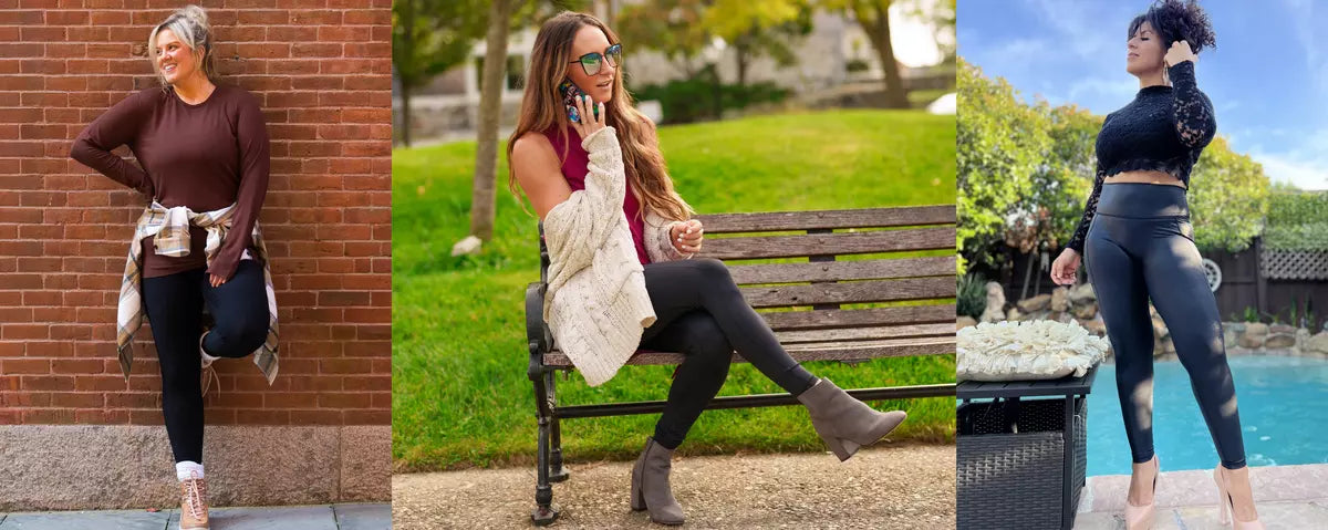 Three women modeling black leggings in different outfits