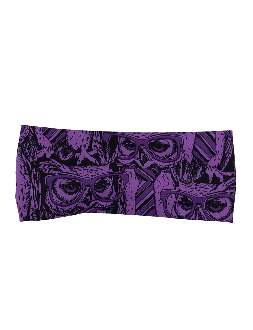 front of the purple owl wearing glasses and a tie print headband against a white background