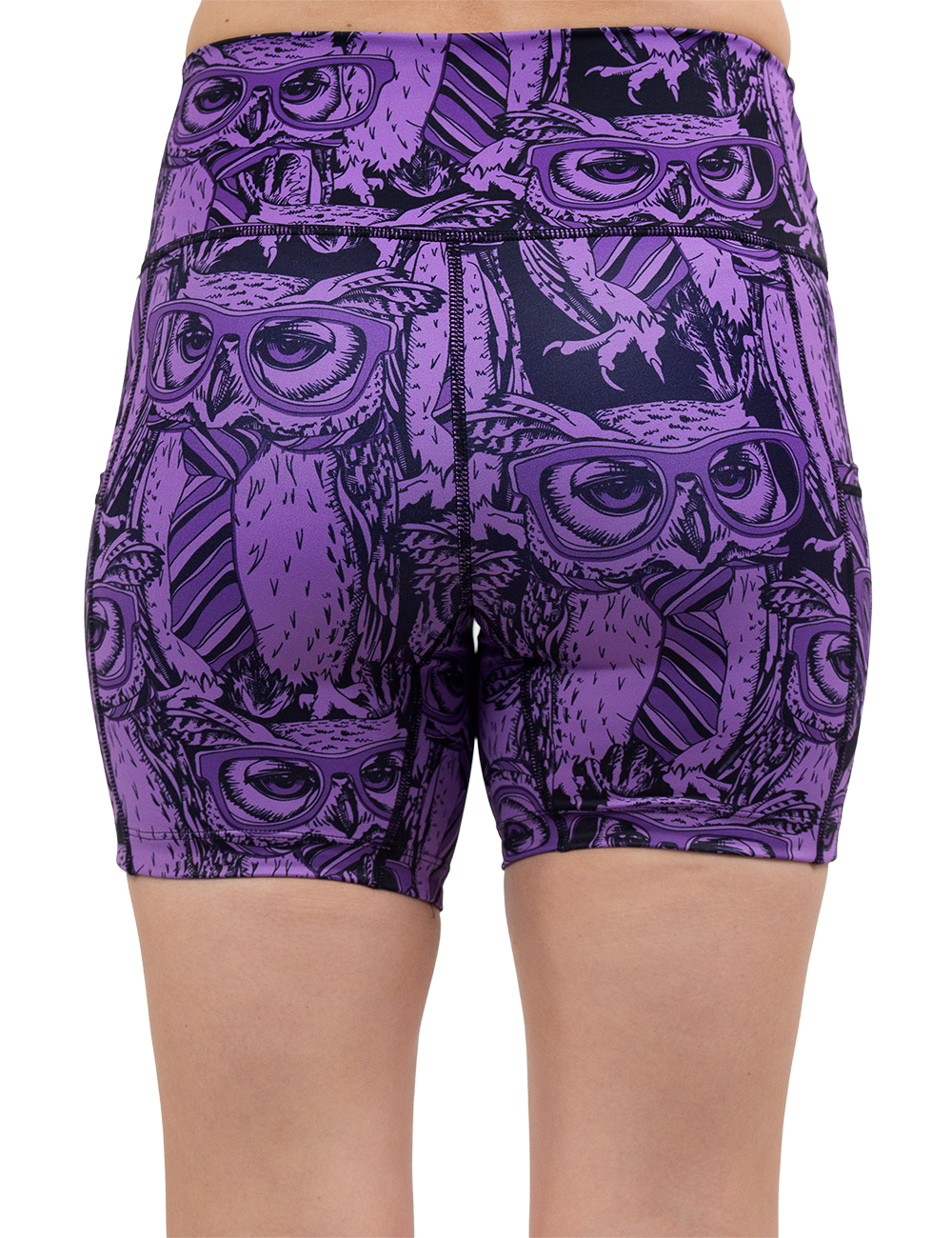back of the purple owl wearing glasses and a tie print 5 inch shorts against a white background