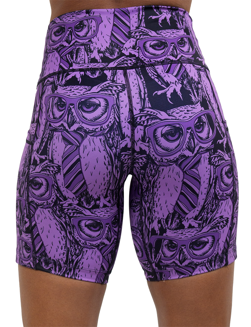 back of the 7 inch purple owl wearing glasses and a tie print shorts against a white background