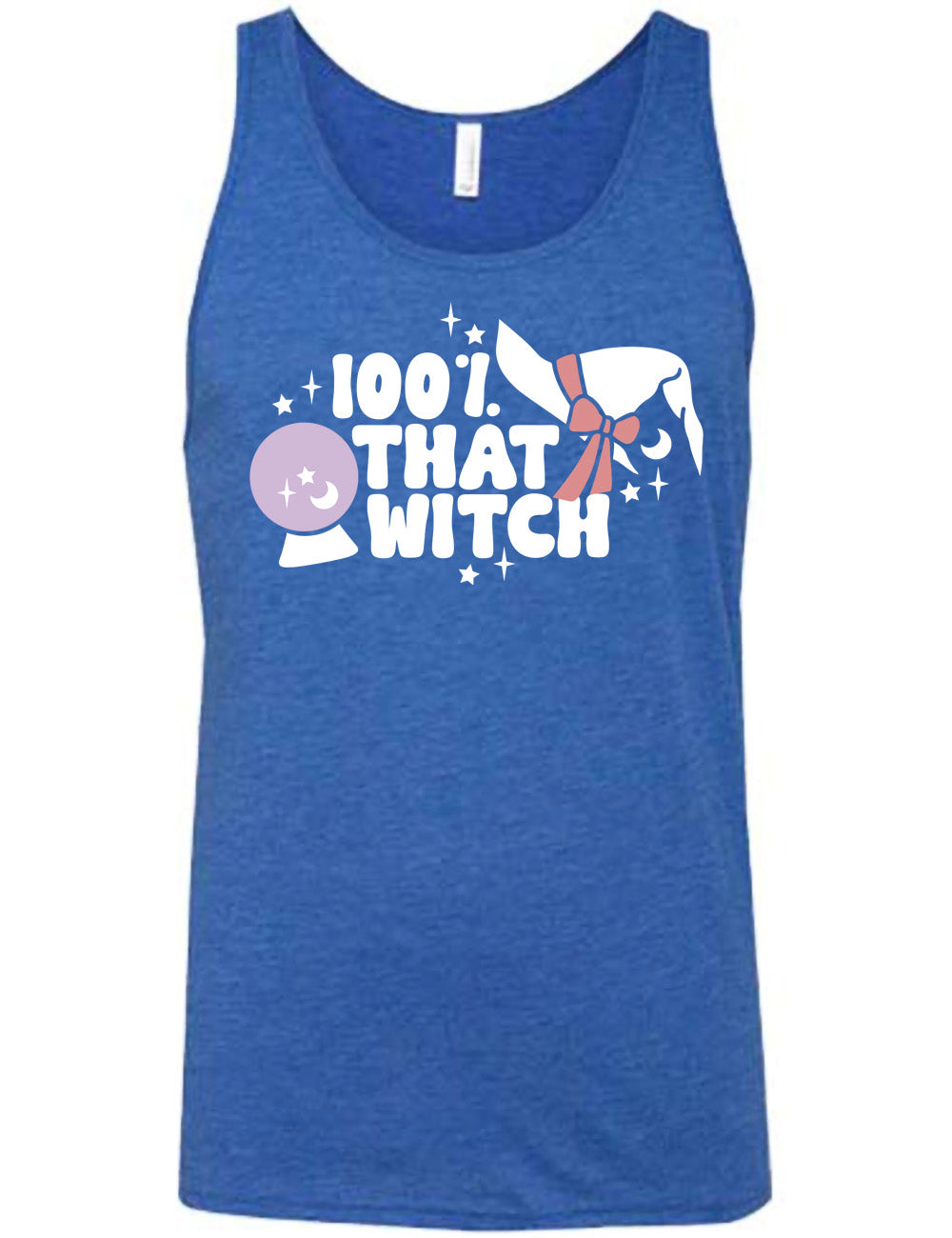 blue unisex tank with the words "100% that witch" next to the graphic of a witch hat with a bow, a crystal ball, and some stars
