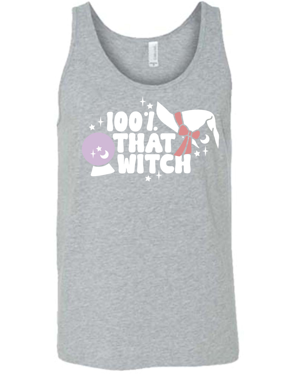 grey unisex tank with the words "100% that witch" next to the graphic of a witch hat with a bow, a crystal ball, and some stars