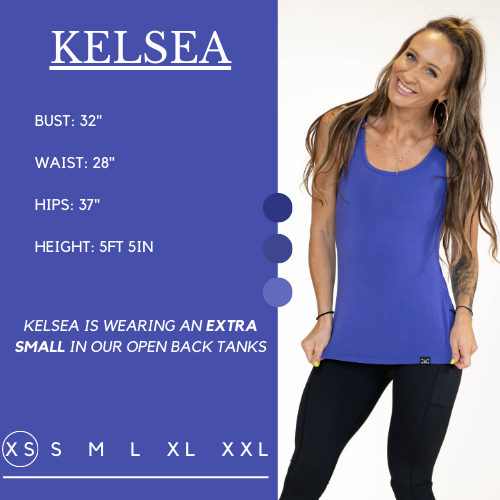 Model's measurements of 32 inch bust, 28 inch waist, 37 inch hips, and height of 5 foot 5 inches. She is wearing a size extra small in our open back tanks