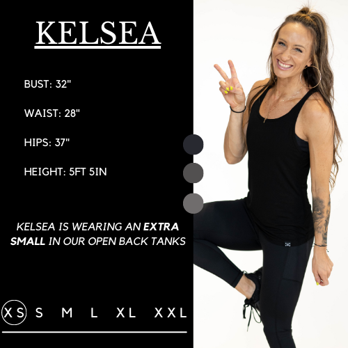 Model's measurements of 32 inch bust, 28 inch waist, 37 inch hips, and height of 5 foot 5 inches. She is wearing a size extra small in our open back tanks