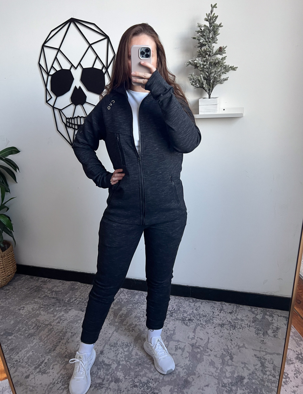 selfie of the charcoal rest day zip up sweatshirt