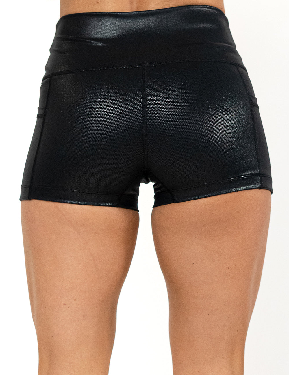 back of the 2.5 inch black leather shorts against a white background
