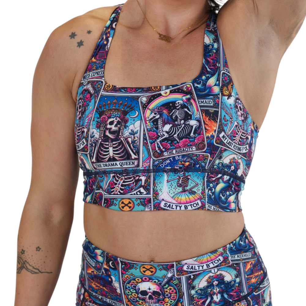 front of tarot cards print longline bra against a white background
