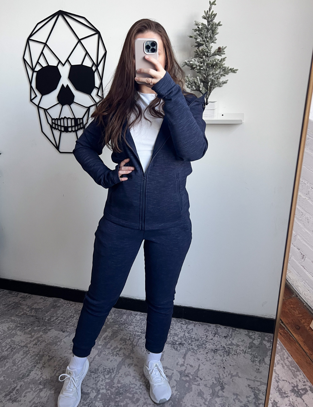 navy blue rest day zip up sweatshirt selfie