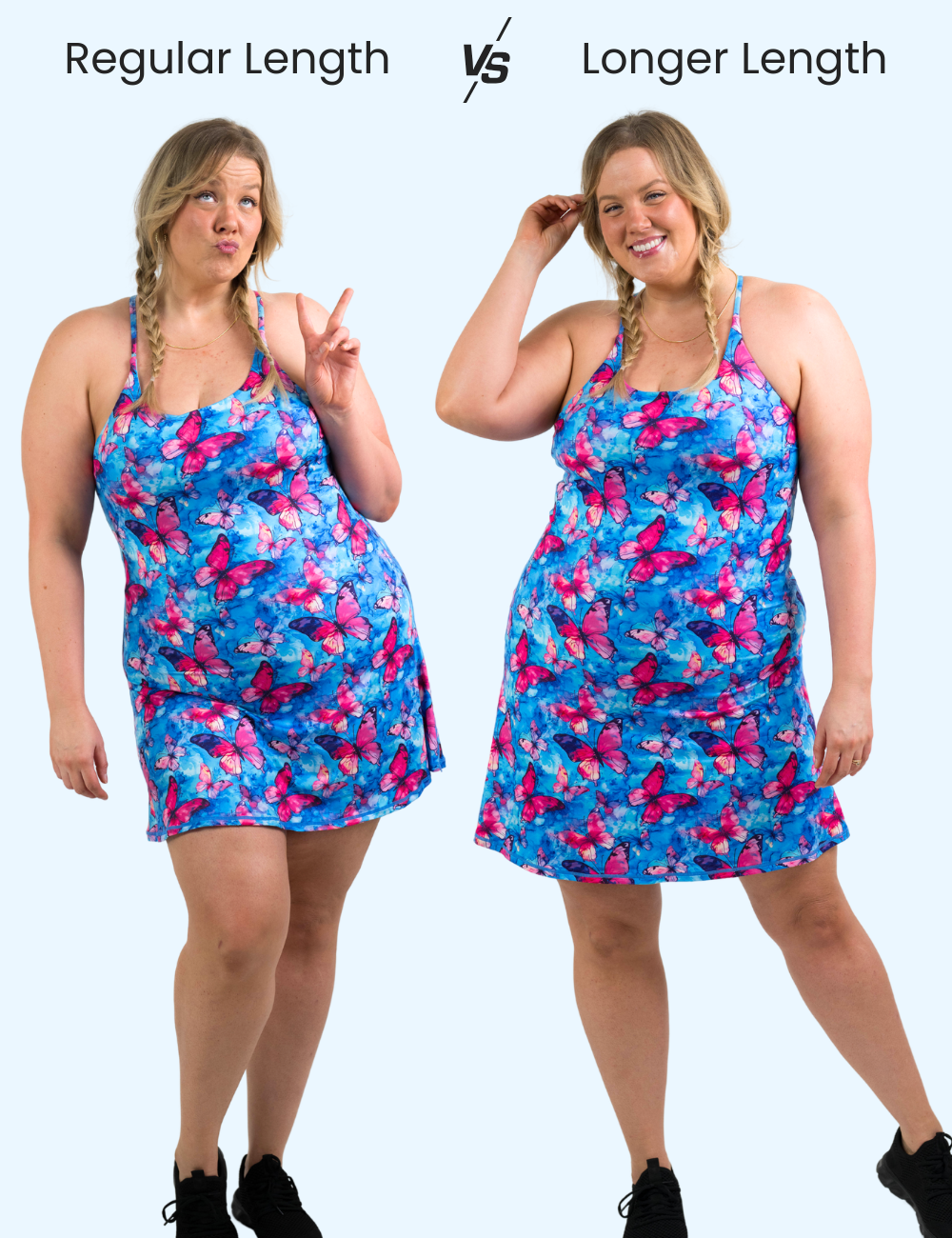 graphic of the purple butterfly against a blue background dress showing the regular length vs the new longer length