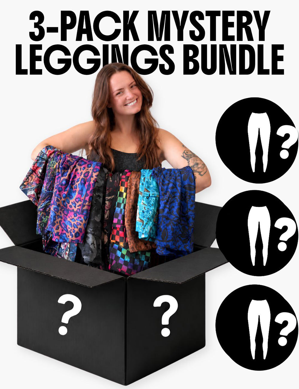 model holding potential mystery leggings in the 3 pack mystery leggings bundle