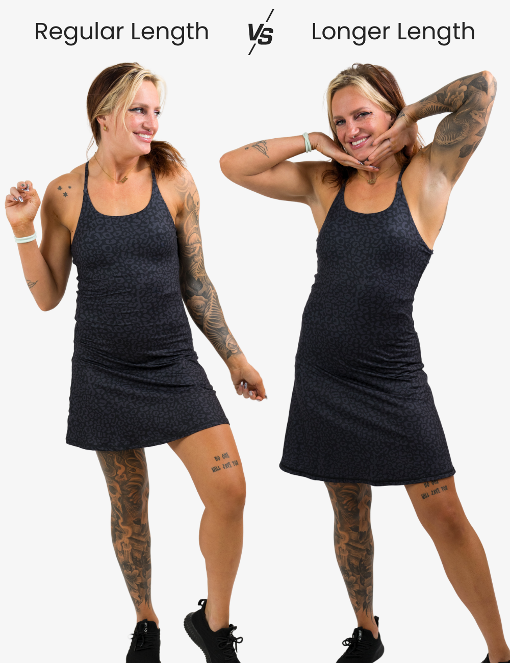 graphic showing the black leopard print dress regular length vs the new longer length