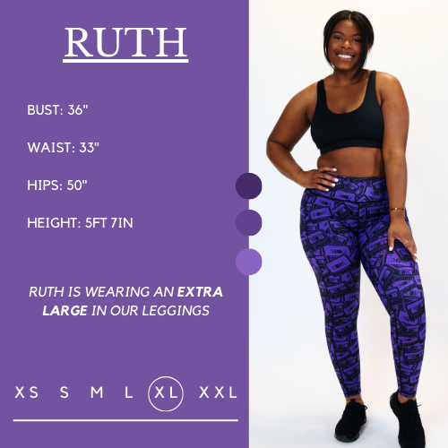 Model's measurements of 36 inch bust, 33 inch waist, 50 inch hips, and height of 5 foot 7 inches. She is wearing a size extra large in these leggings