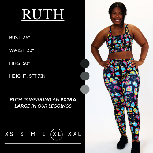 Model's measurements of 36 inch bust, 33 inch waist, 50 inch hips, and height of 5 foot 7 inches. She is wearing a size extra large in these leggings