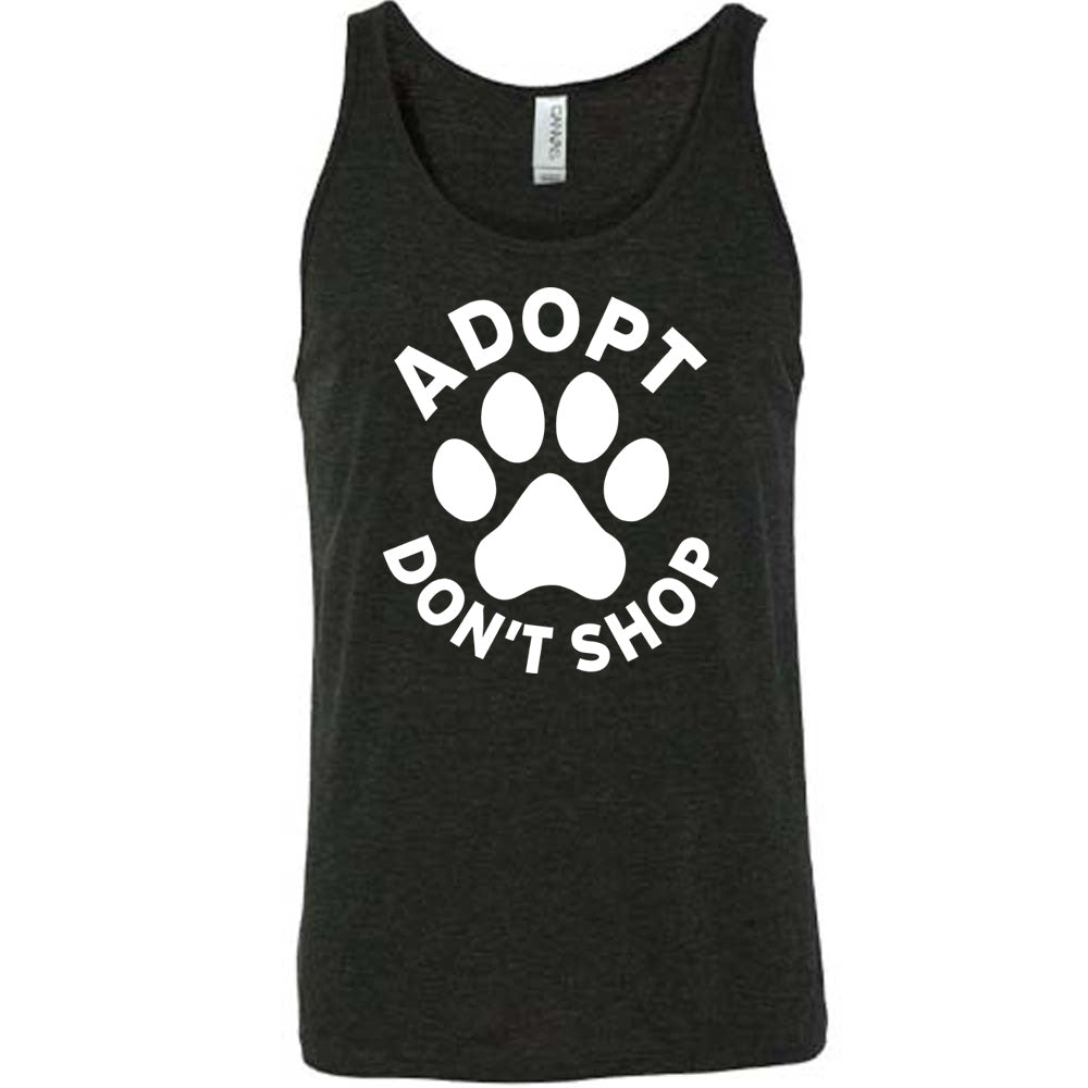 Black colored tank with paw print graphic on it that says "Adopt Don't Shop"
