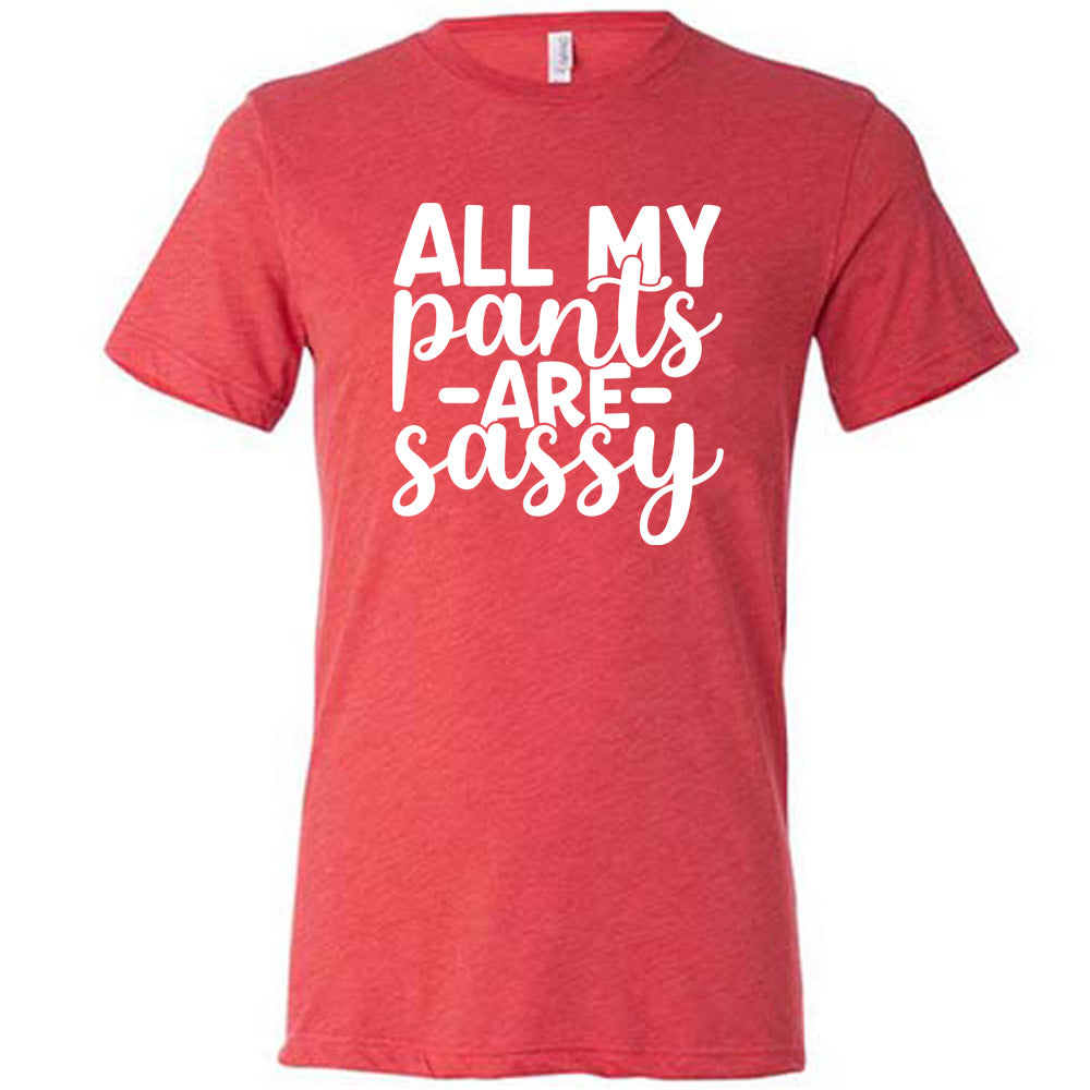 red unisex tee with the words "all my pants are sassy" on it