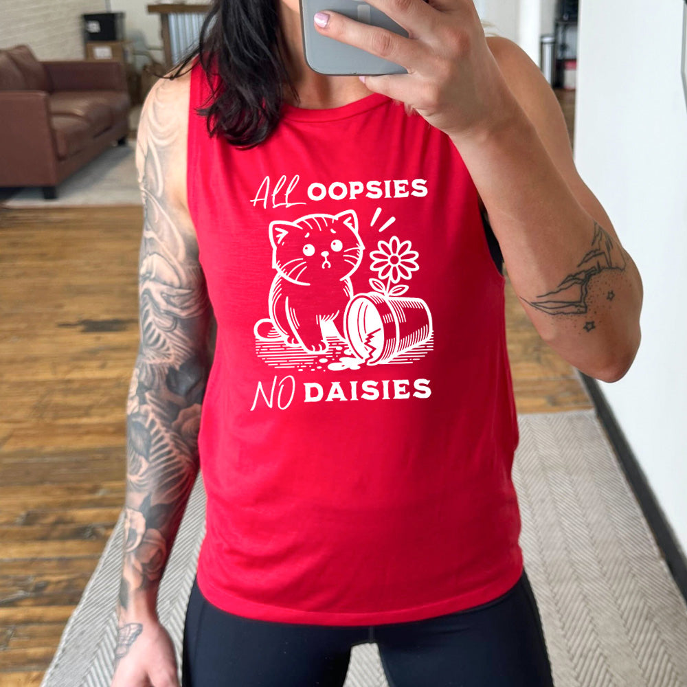 red muscle tank with the text "All Oopsies, No Daisies" on it with the graphic of a concerned cat next to a flower pot that has cracked on the ground