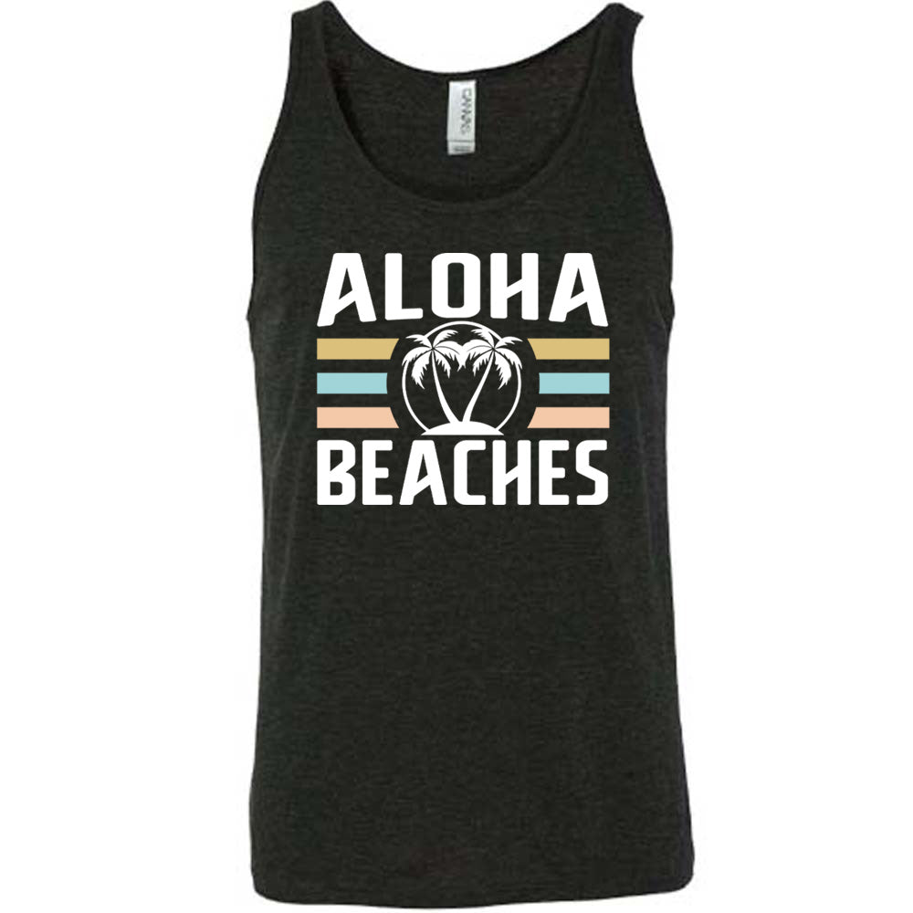 Black colored tank with a palm tree graphic on it that says "Aloha Beaches"