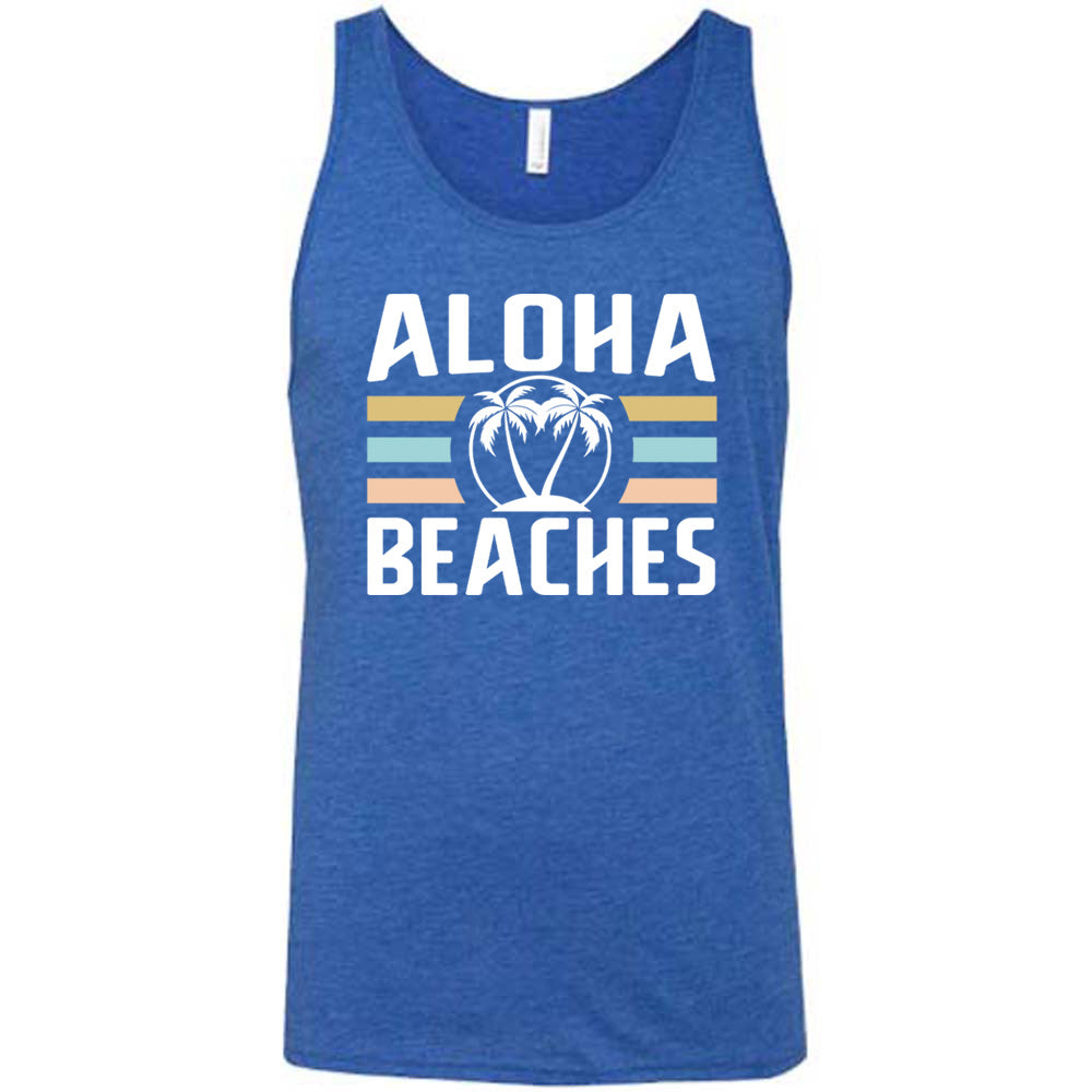 Blue colored tank with a palm tree graphic on it that says "Aloha Beaches"
