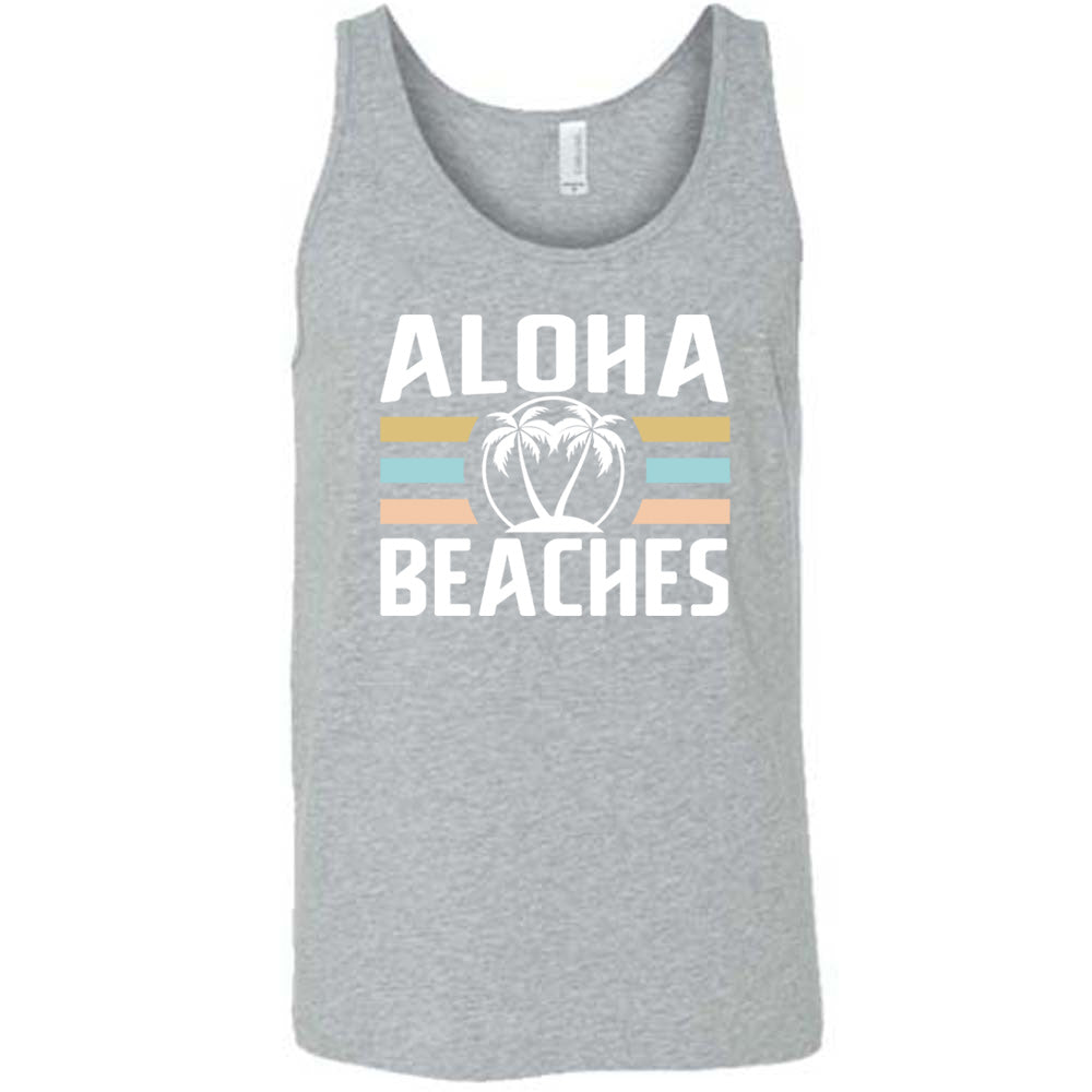 Grey colored tank with a palm tree graphic on it that says "Aloha Beaches"