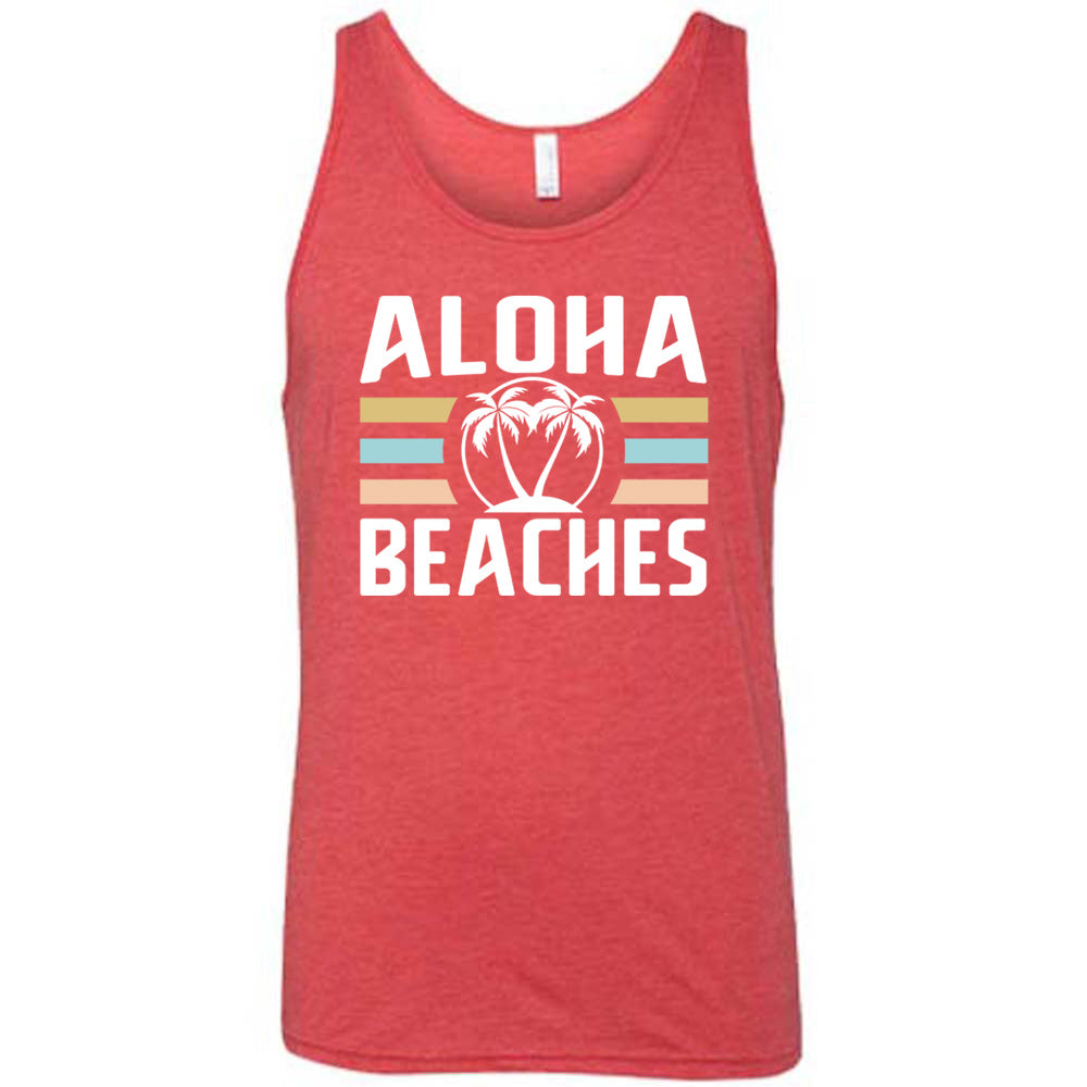 Red colored tank with a palm tree graphic on it that says "Aloha Beaches"