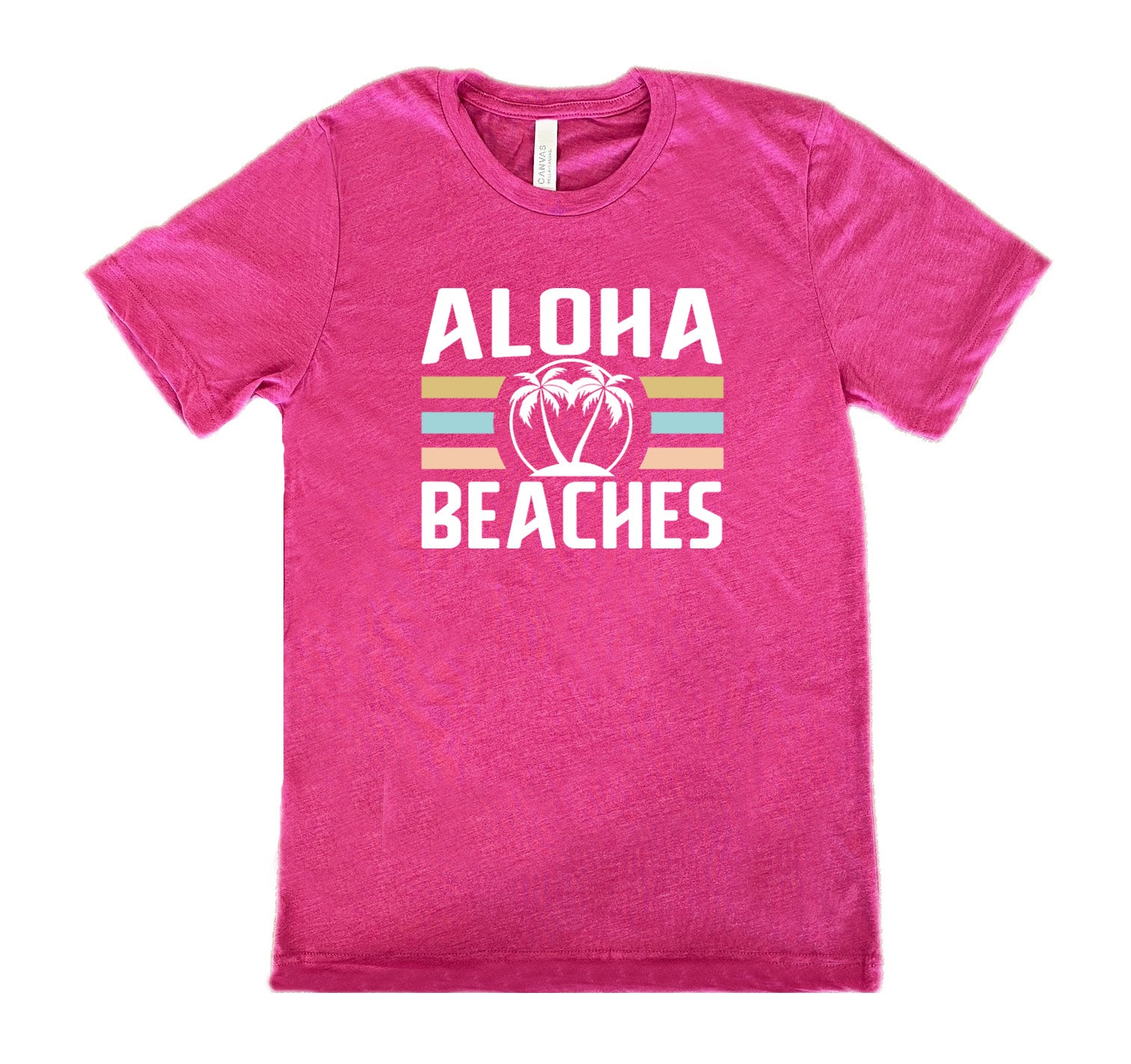 Berry colored shirt with a palm tree graphic on it that says "Aloha Beaches"
