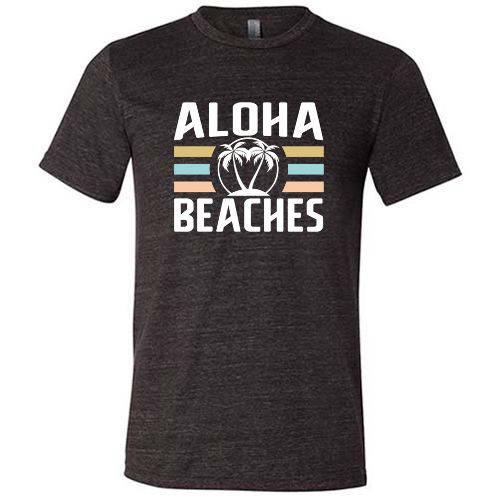 Black colored shirt with a palm tree graphic on it that says "Aloha Beaches"