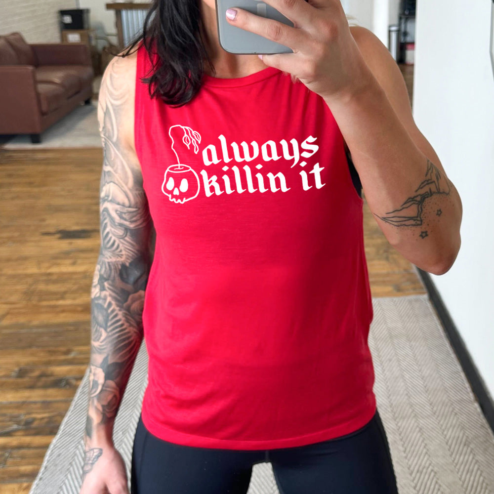 red muscle tank with a wilting plant in a skull shaped pot graphic on it that says "Always Killin It"