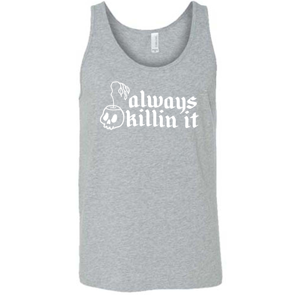 Grey colored tank with a wilting plant in a skull shaped pot graphic on it that says "Always Killin It"