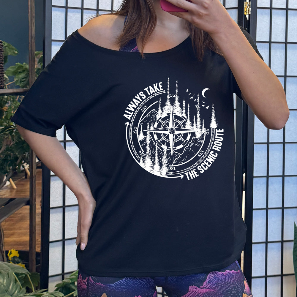 shirt with a compass and forest graphic on it that says "Always Take The Scenic Route"