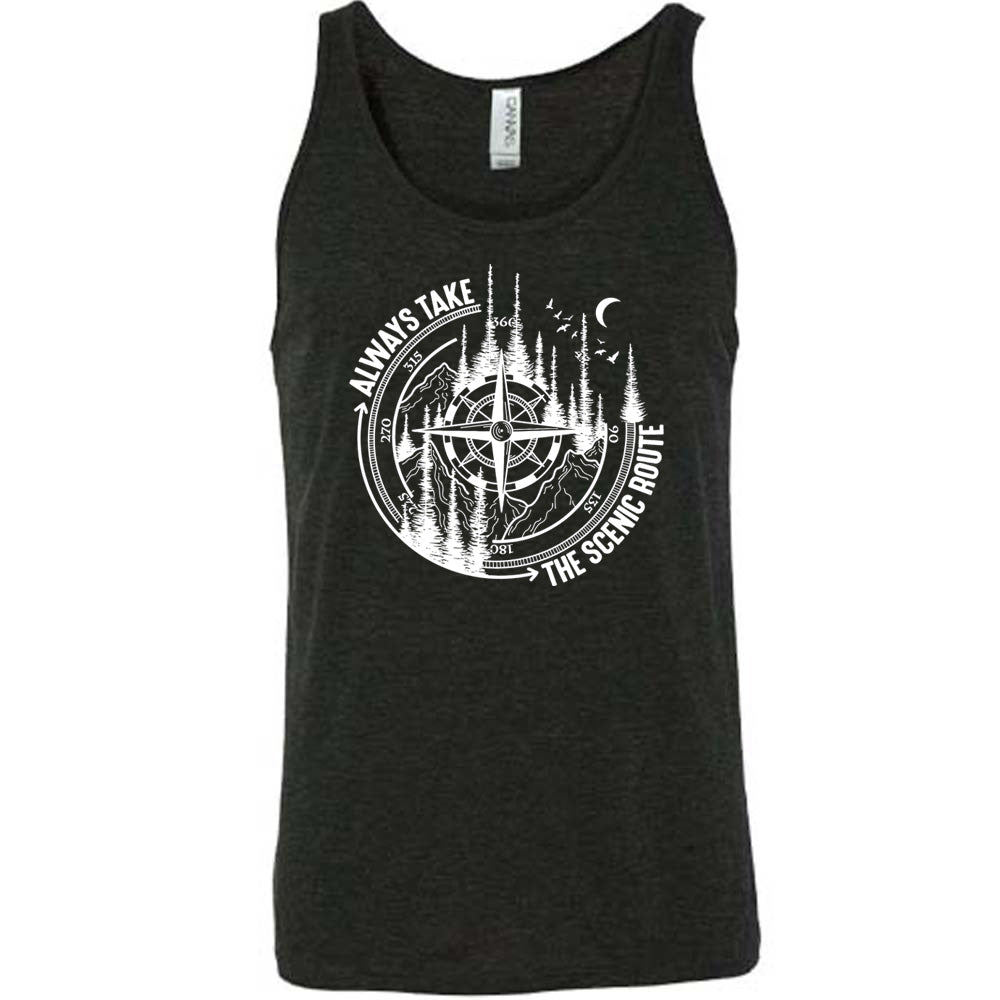 Black colored tank with a compass and forest graphic on it that says "Always Take The Scenic Route"