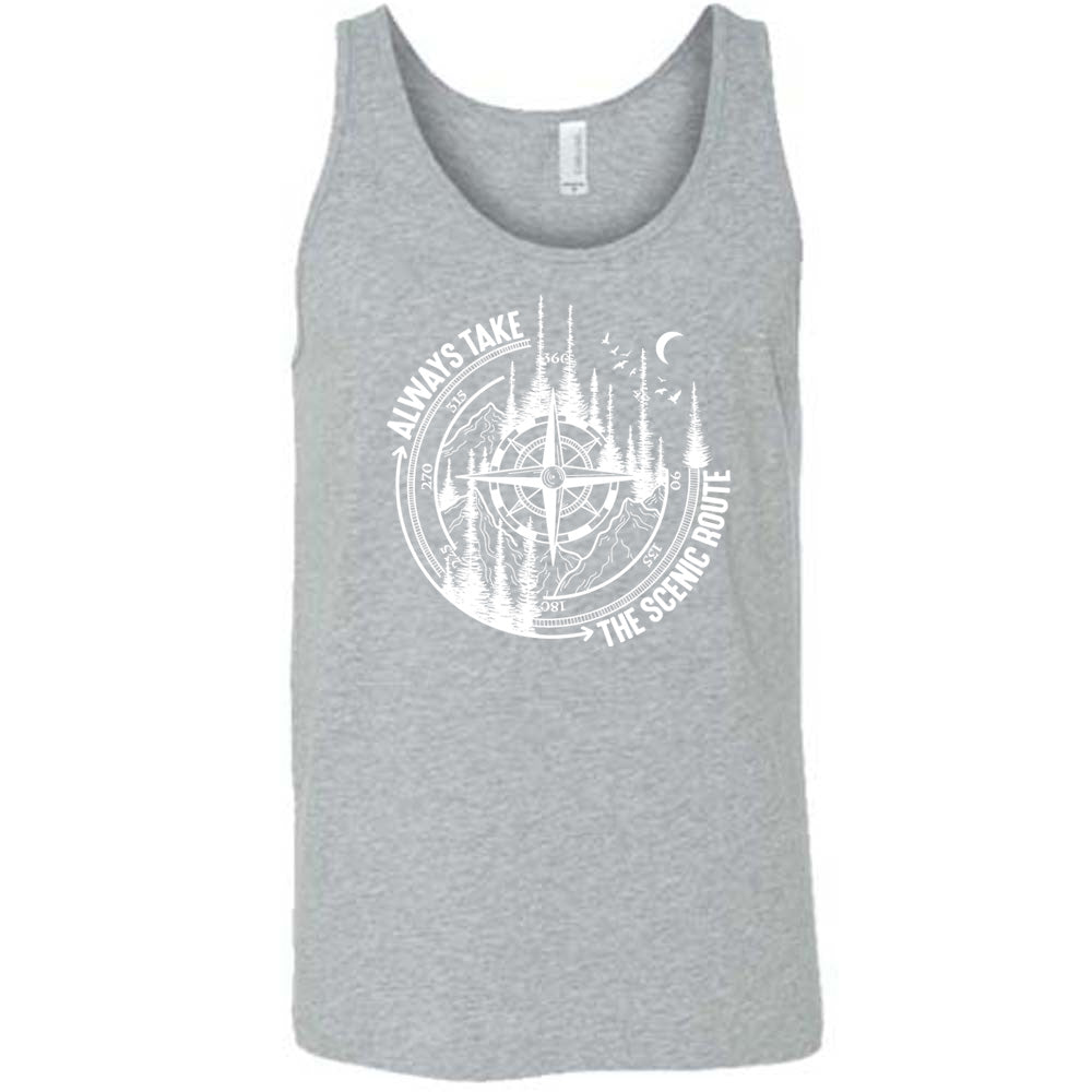 Grey colored tank with a compass and forest graphic on it that says "Always Take The Scenic Route"