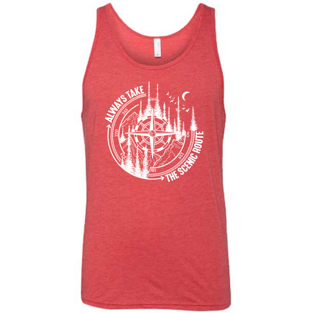 Red colored tank with a compass and forest graphic on it that says "Always Take The Scenic Route"