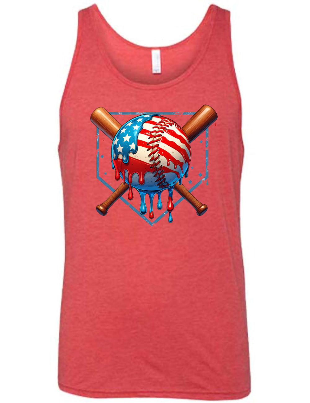 red unisex tank with the graphic of a baseball painted (and dripping) with the American flag, and two baseball bats crossed behind it, all in front of a starry baseball diamond