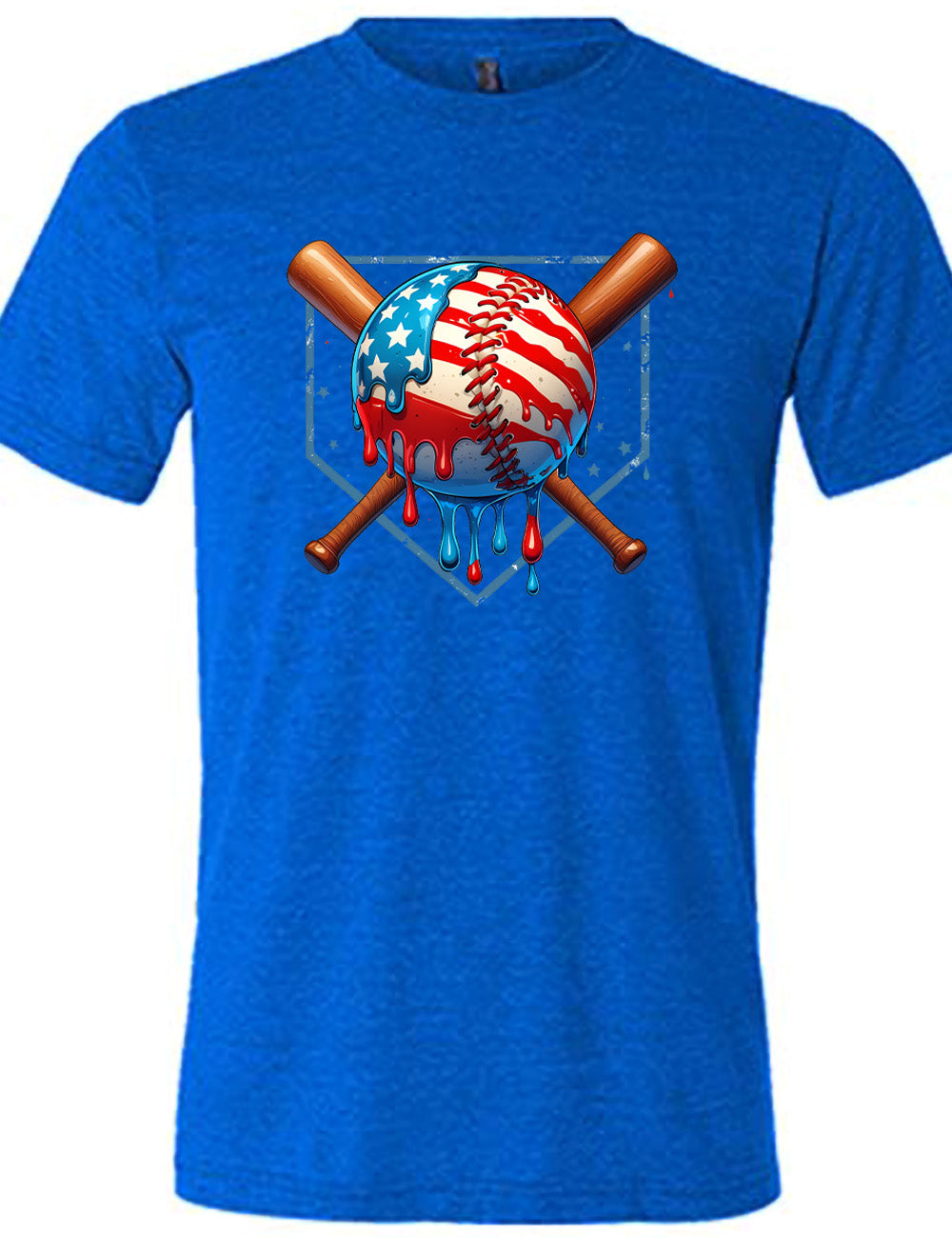 blue unisex tee with the graphic of a baseball painted (and dripping) with the American flag, and two baseball bats crossed behind it, all in front of a starry baseball diamond