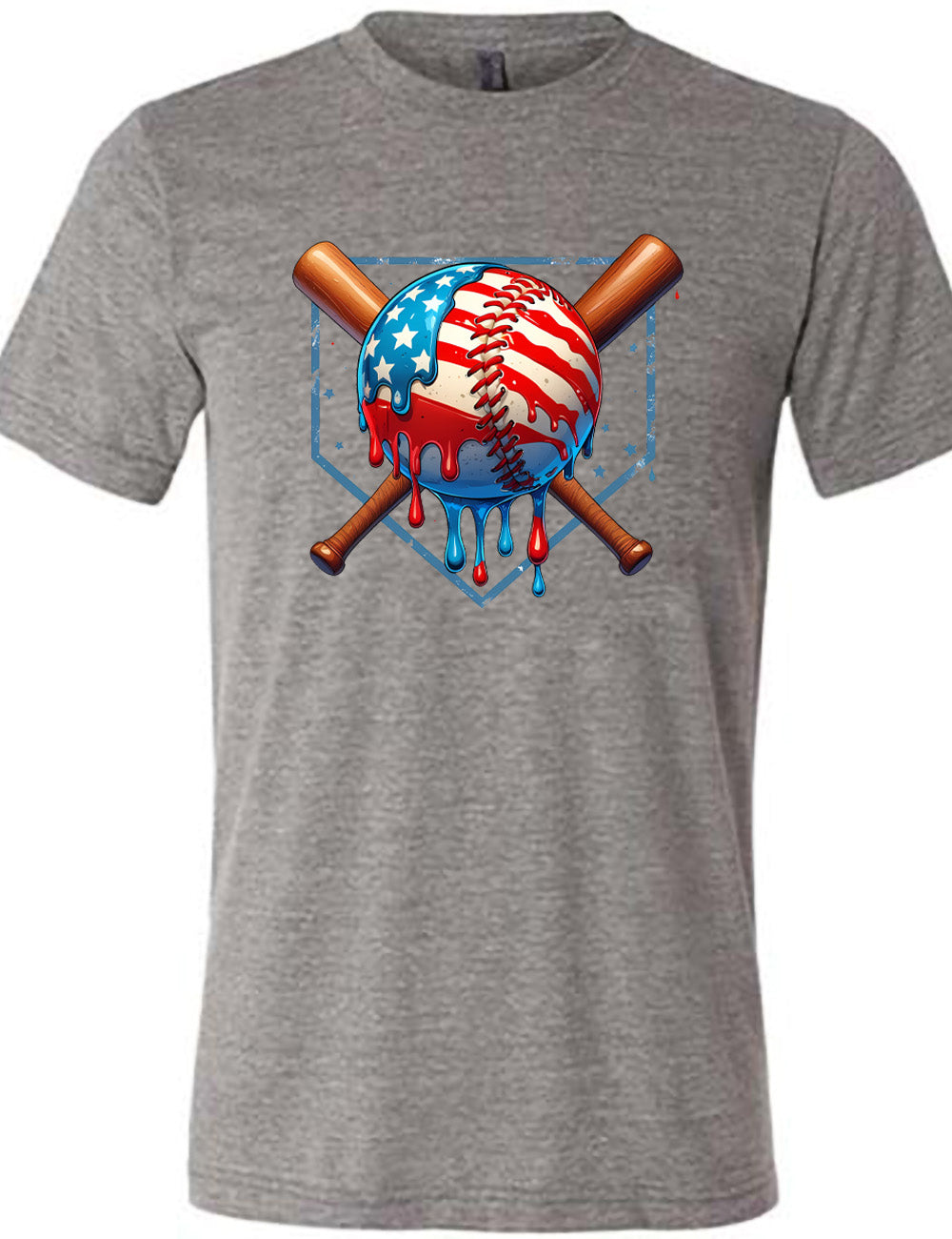 grey unisex tee with the graphic of a baseball painted (and dripping) with the American flag, and two baseball bats crossed behind it, all in front of a starry baseball diamond