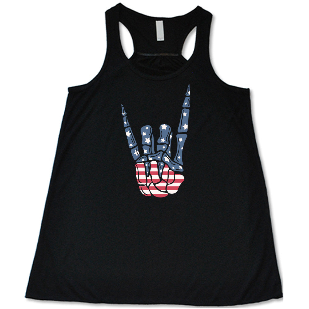 Black colored flowy tank with an American flag skeleton hand graphic on it