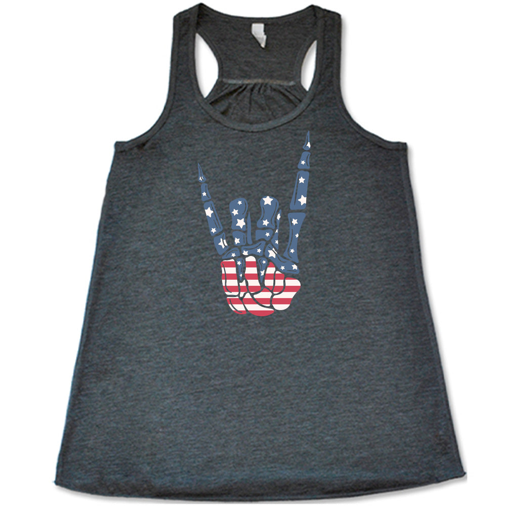 Grey colored flowy tank with an American flag skeleton hand graphic on it
