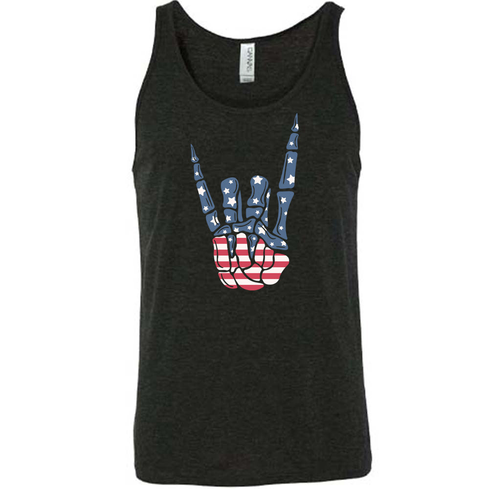 Black colored tank with an American flag skeleton hand graphic on it