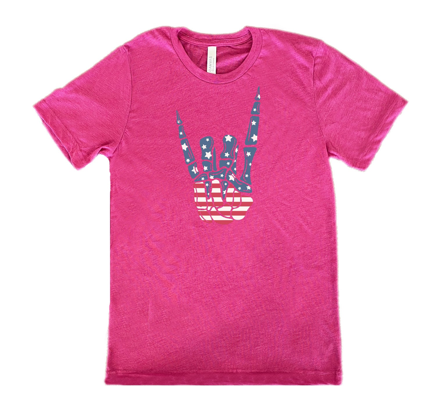 Berry colored shirt with an American flag skeleton hand graphic on it