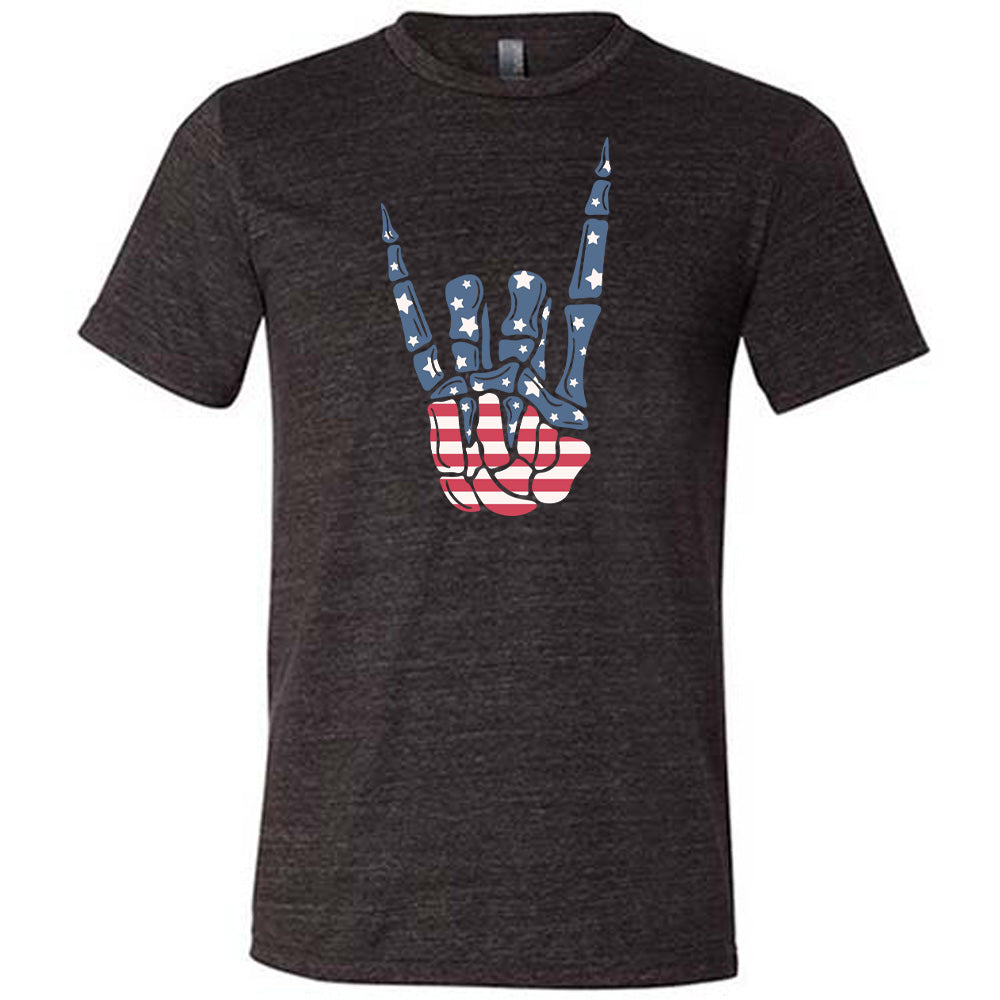 Black colored shirt with an American flag skeleton hand graphic on it