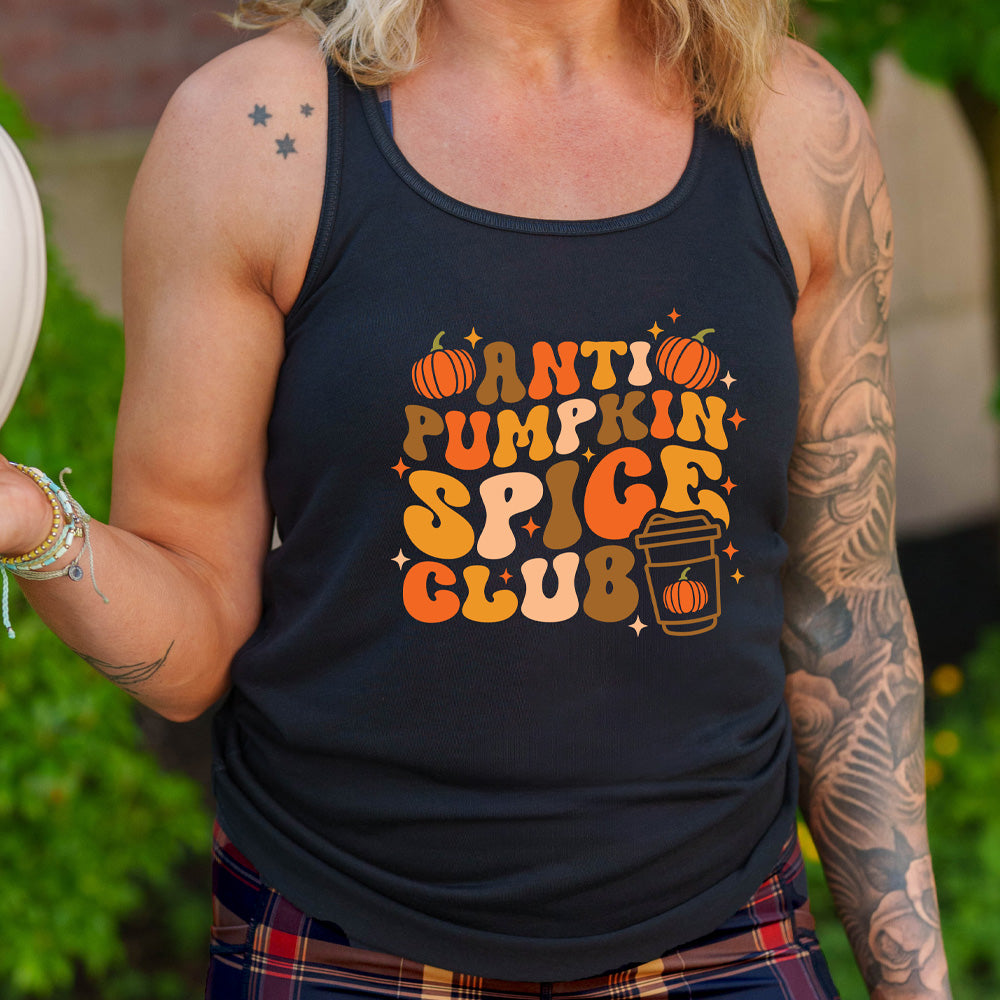 Black colored flowy tank with pumpkin and hot drink cup graphic on it that says "Anti Pumpkin Spice Club"