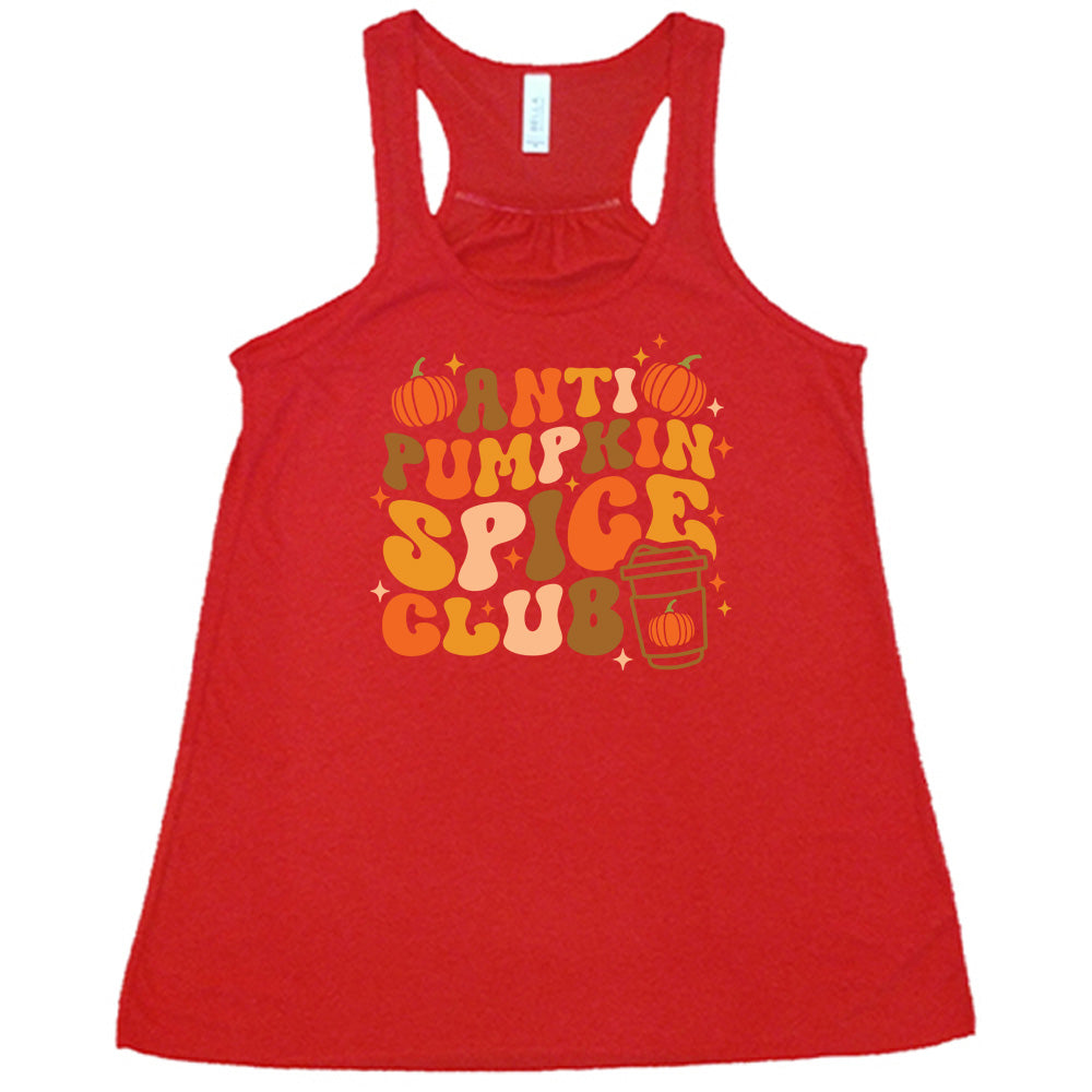 Red colored flowy tank with pumpkin and hot drink cup graphic on it that says "Anti Pumpkin Spice Club"