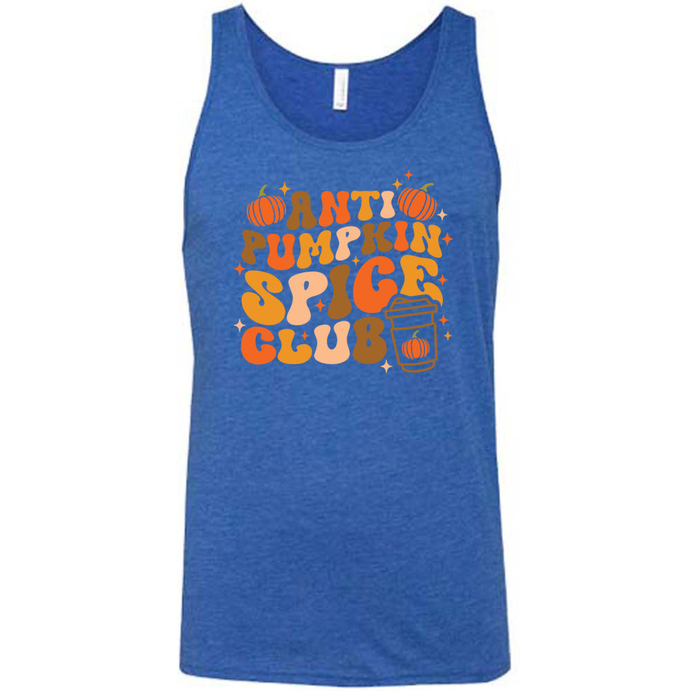 Blue colored tank with pumpkin and hot drink cup graphic on it that says "Anti Pumpkin Spice Club"