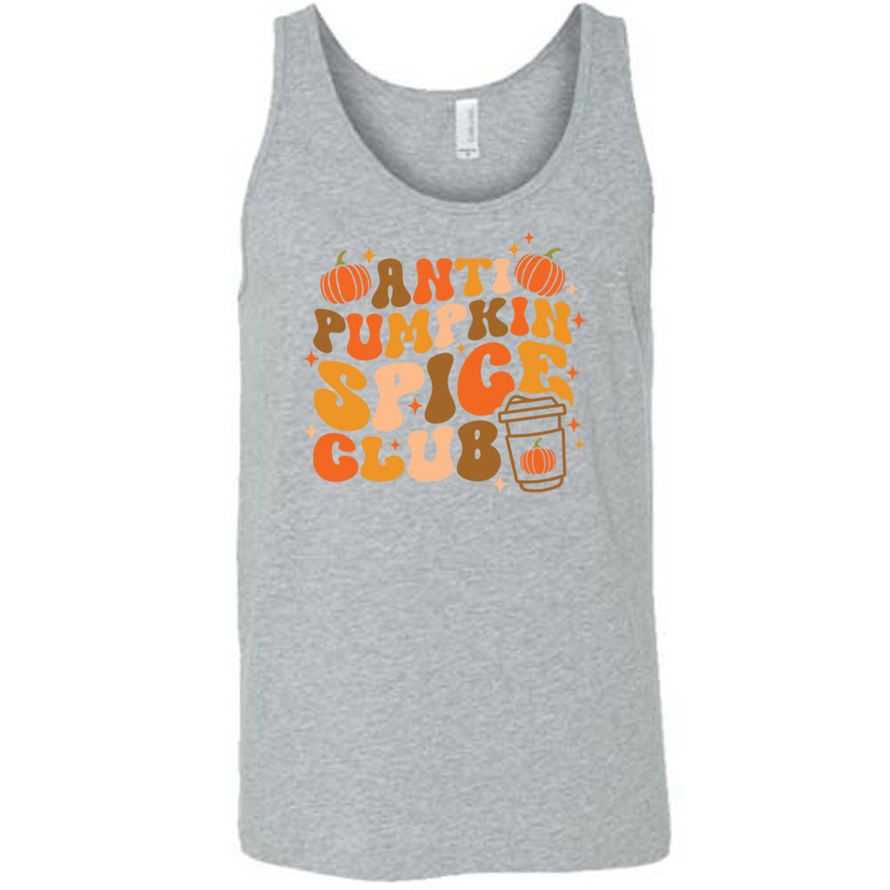 Grey colored tank with pumpkin and hot drink cup graphic on it that says "Anti Pumpkin Spice Club"