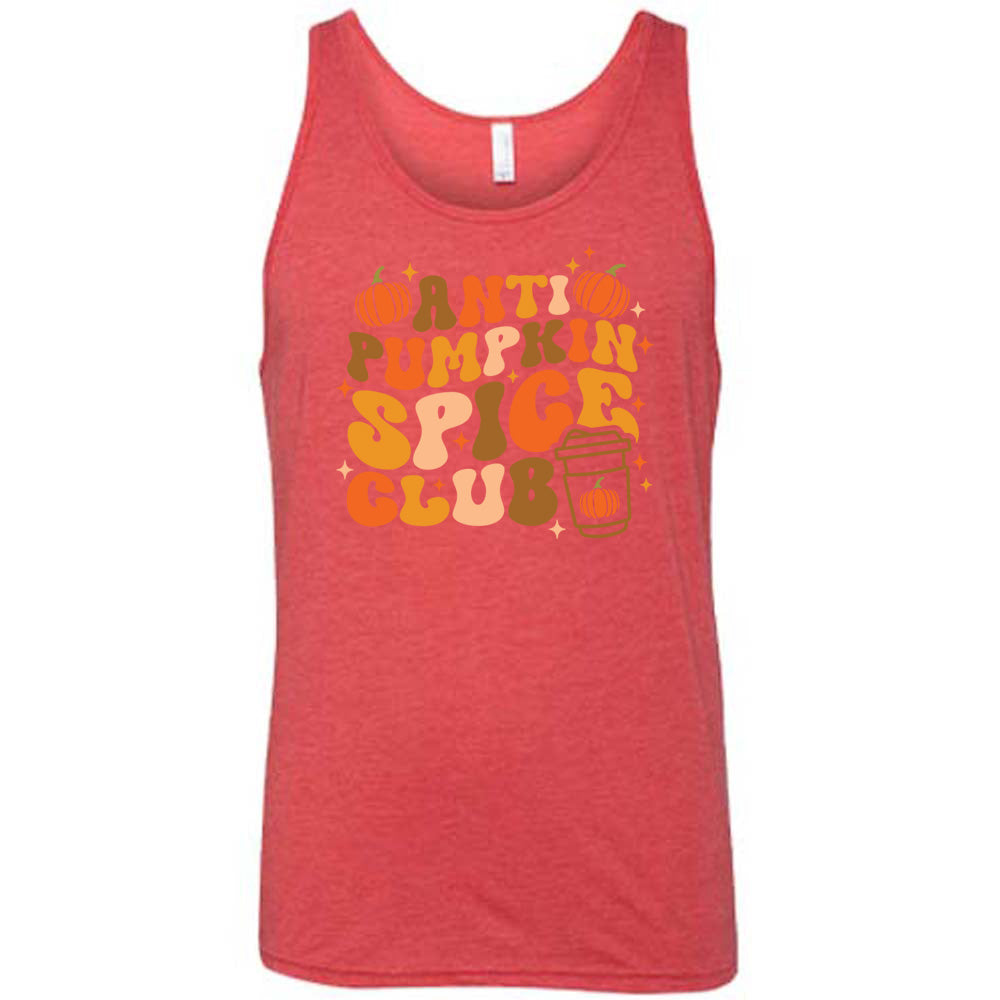Red colored tank with pumpkin and hot drink cup graphic on it that says "Anti Pumpkin Spice Club"