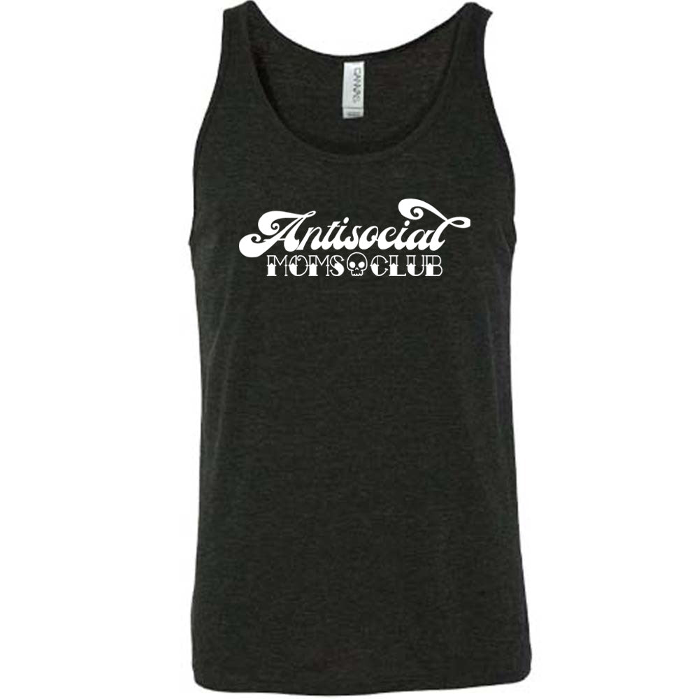 Black colored tank with a small skull graphic on it that says "Antisocial Moms Club"