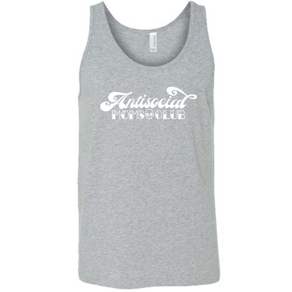 Grey colored tank with a small skull graphic on it that says "Antisocial Moms Club"