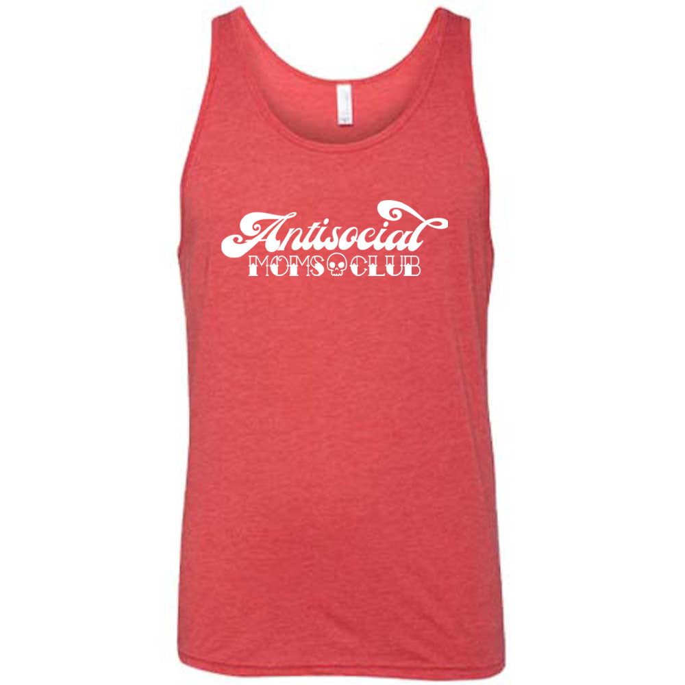 Red colored tank with a small skull graphic on it that says "Antisocial Moms Club"