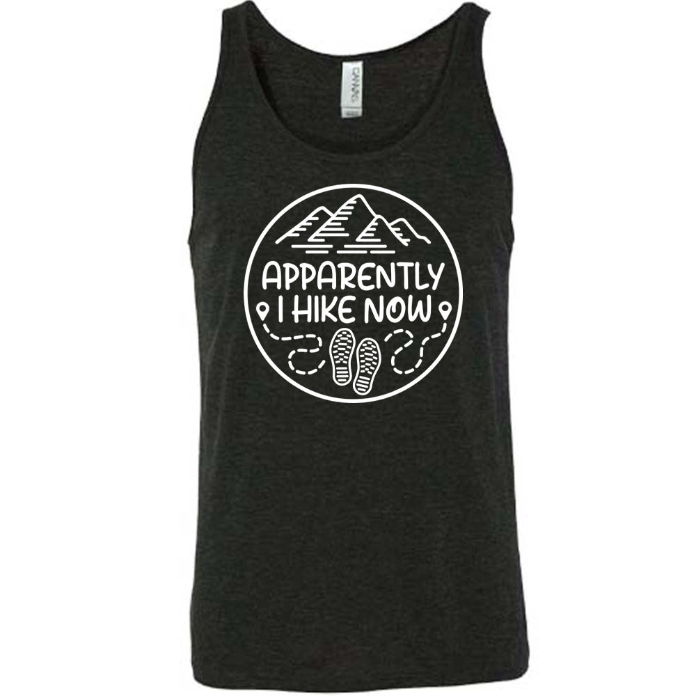 Black colored tank with a mountain and shoes graphic on it that says "Apparently I Hike Now"