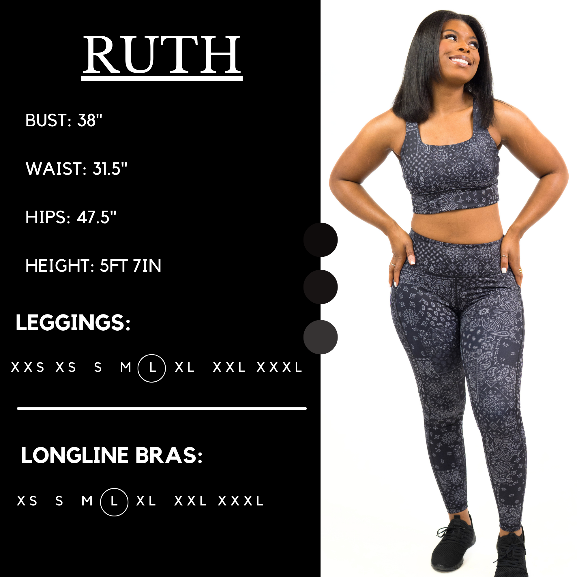 Model’s measurements of 38” bust, 31.5” waist, 47.5” hips and height of 5 ft 7 inches. She is wearing a size large in our leggings